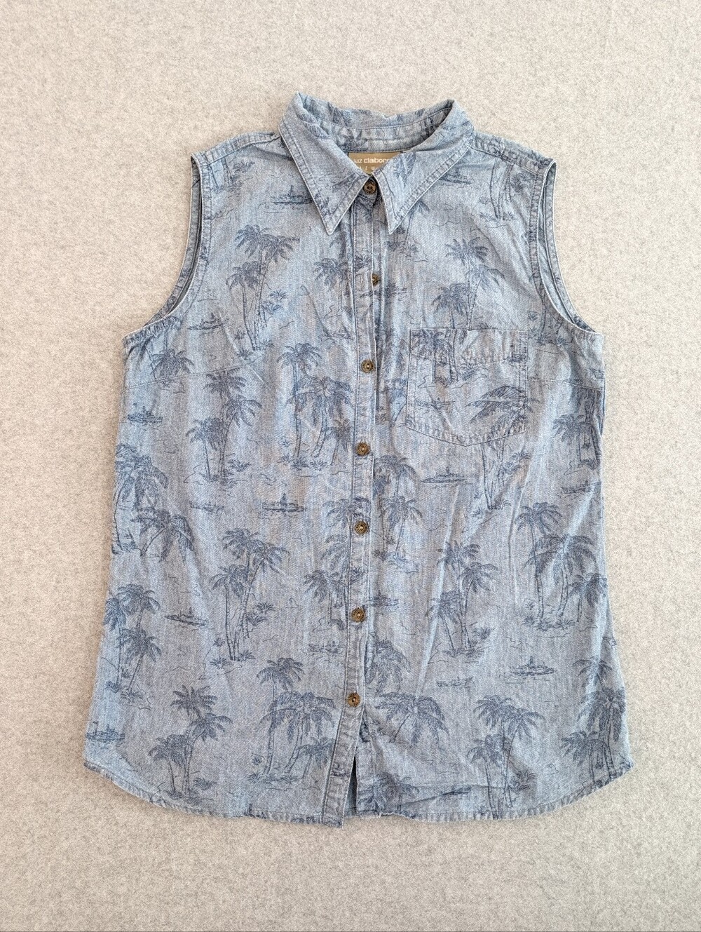 Vintage Liz Caliborne Blue Denim Sleeveless Button Vest Collar Tropical Nautical